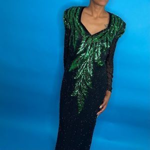 Vintage Hand-beaded Lillie Rubin black&green gown